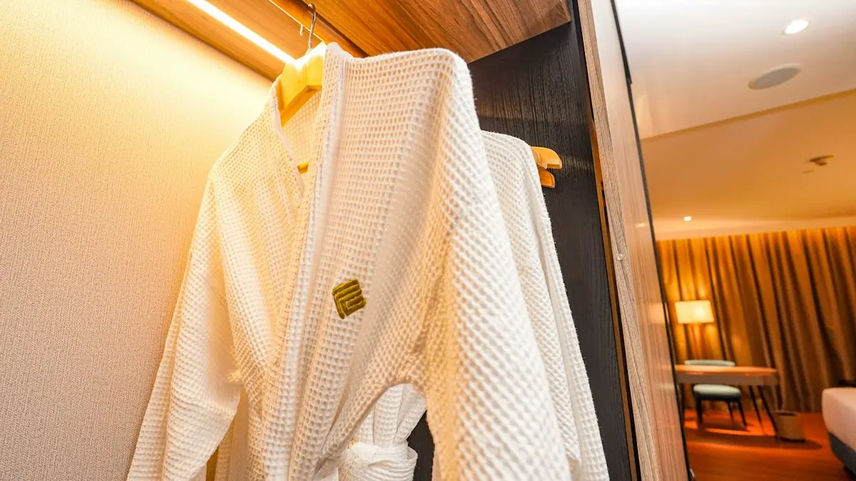White bathrobe hanging in a hotel room