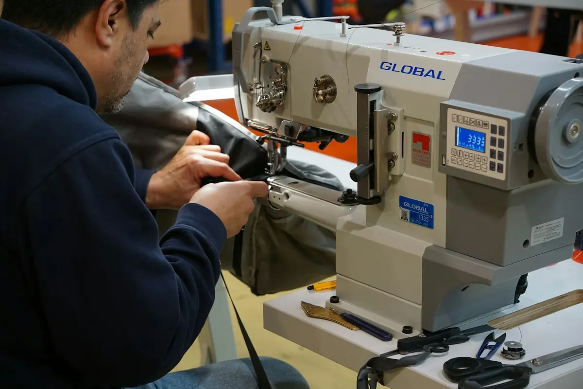 Industrial sewing machine in use